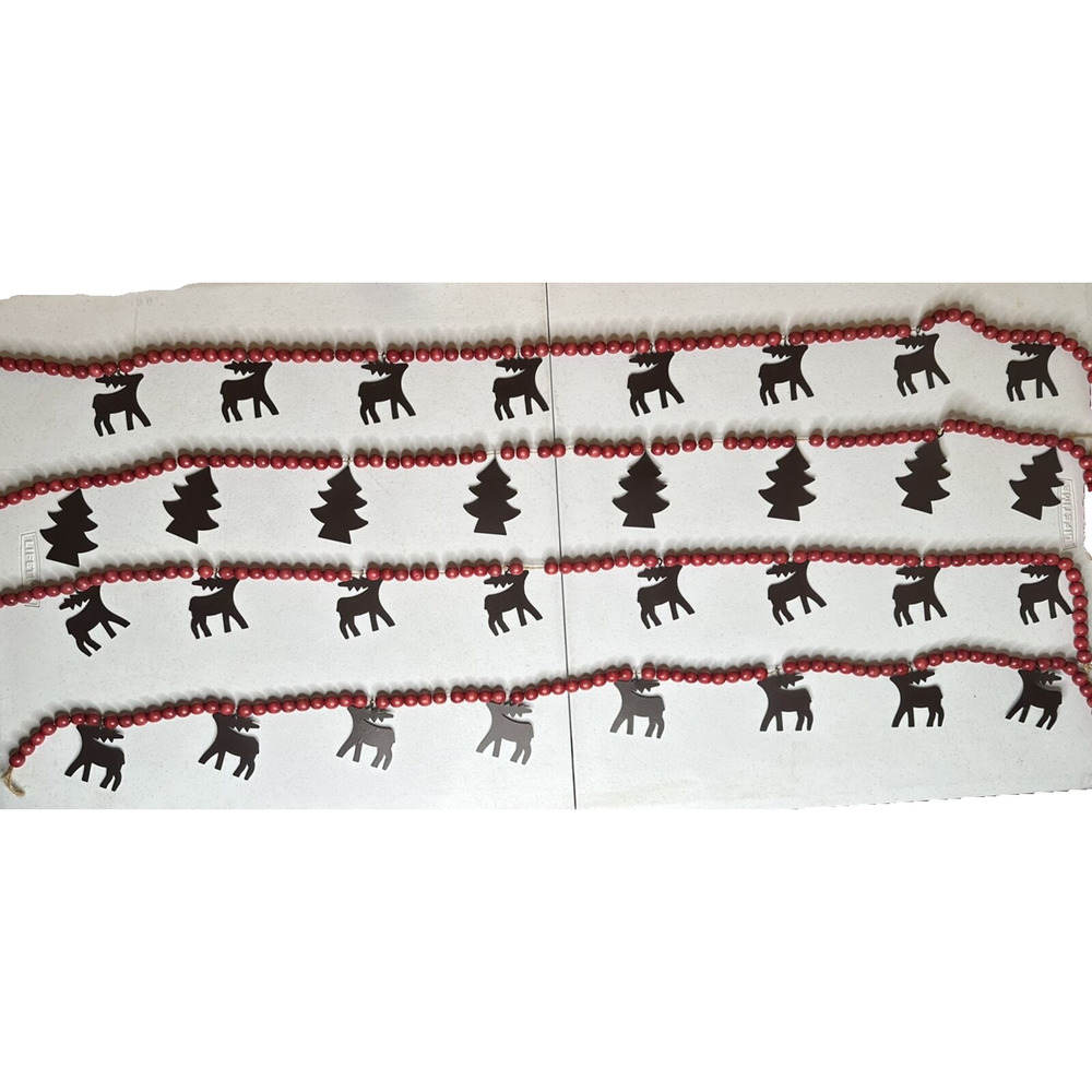 Lot 4 Red Wooden Bead Garland w/ Metal Reindeer Chistmas Trees Log Cabin Country